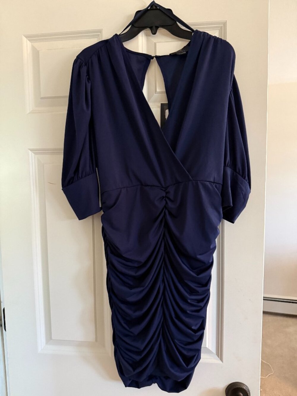 Juniors Open Back ruched navy knee length dress - Size 12